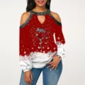 Women Christmas Cold Shoulder Long Sleeve Blouse Casual Red Wine Glass Print Tee Top Size New - S / Christmas Wine Glass
