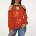 Women Red Cold Shoulder Long Sleeve Christmas Print T Shirt Halter Neck Fashion Top - 3XL / Double Ball Print