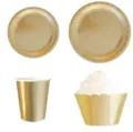 Golden disposable paper plates, cups and cupcake wrappers detail for birthday party decor. - Monochrome Gold Stamped (8 Pieces 7-Inch 18cm Round Plates, 8 Pieces 9-Inch 23cm Round Plates, 8 Pieces Paper Cups, 8 Pieces Cake Wrappers)