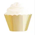 Close-up detail of a metallic gold cupcake wrapper with white cream topping, bakery decor. - 8 Pieces Cake Wrappers Monochrome Gold Stamped