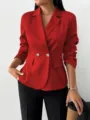 Elegante blazer rojo de doble botonadura, solapa con estilo, chaqueta casual lisa. - S / Rojo