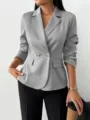 Mujer Elegante Gris Blazer Cruzado Color Solido Solapa Dos Botones Chaqueta De Traje - Gris claro
