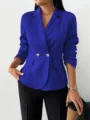 Chaqueta Blazer Azul Real Mujer Doble Botonadura Manga Larga Elegante Oficina Traje Moderno - Azul