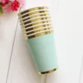 Mint green paper cups with gold foil rims, perfect for birthday parties and celebrations. - 8 Pcs 270ml Mint Green Paper Cups with Gold Edges