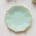 Mint green decagonal paper plate with elegant gold foil rim, detailed view of party tableware close up. - 8 Pcs 7-Inch 18cm Decagonal Mint Green Paper Plates with Gold Edges