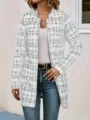 Detail view of the elegant women's long open-front grid cardigan showcasing fabric texture and fit. - S / White