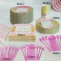 Pink gold party tableware set paper plates cups napkins straws forks knives 32pcs - 7-Piece Set (Without Straws)