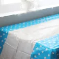Blue polka dot disposable tablecloth for birthday party table decoration and holiday event settings. - Tablecloth / 1 Piece Pack
