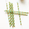 Mint green and gold striped paper straws, perfect for birthday party and festive celebration use. - Gold-Foiled Mint Green Striped Paper Straws - 25 Pcs