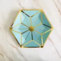 Blue hexagonal gold-foiled paper plate detail, perfect for party tableware and outdoor picnic. - Hexagonal Gold Foil Pentagram / 8 Pieces (22cm) / Blue