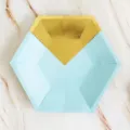 Close-up detail of blue hexagonal paper plate with gold foil top, party tableware. - Hexagonal Gold Foil Triangle Large / 8 Pieces (26cm) / Blue