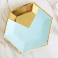 Blue hexagonal paper plate detail, gold trim disposable tableware for party picnic closeup - Hexagonal Gold Foil Triangle / 8 Pieces (22cm) / Blue