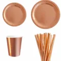 Set di stoviglie monouso in carta oro rosa piatti bicchieri cannucce per festa. - Set di stoviglie 4 pezzi per 8 persone con cannucce