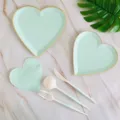 Mint green heart shaped paper plates napkins and cutlery set for party and wedding decor. - Heart Mint Green