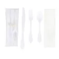Ensemble de couverts en plastique jetable blanc avec couteau fourchette cuillère et serviette. - Ensemble couteau, fourchette, cuillère en plastique de 20 cm et serviette (1 de chaque) / Transparent