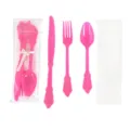 Ensemble de couverts jetables en plastique rose avec couteau fourchette cuillère et serviette - Ensemble couteau, fourchette, cuillère en plastique de 20 cm et serviette (1 de chaque) / Rose rouge