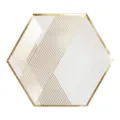 Assiette en carton hexagonale blanche avec design rayé en feuille d'or pour la fête. - 10 pouces 26 cm / Assiette en Papier Rayé Fin Blanc / Lot de 8
