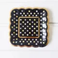 Square disposable paper plate with gold foil scalloped edge and colorful polka dots design. - Black Polka Dot Square Plate / 8 Pieces (12.5cm) / Black