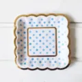Disposable square paper plate with blue polka dots and gold foil rim for party cake serving. - Blue Polka Dot Square Plate / 8 Pieces (12.5cm) / Blue
