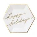 Piatto di carta monouso esagonale bianco con bordo in lamina d'oro e testo festivo. - 10 pollici 26 cm / Piatto di Carta con Lettere Dorate / Confezione da 8