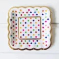 Disposable square paper plates with gold foil scalloped edge and colorful polka dot design. - Colorful Polka Dot Square Plate / 8 Pieces (12.5cm) / Colorful