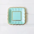 Mint Green Square Paper Plates Gold Scalloped Rim Disposable Cake Plates Party Supplies - Mint Green Square Plate