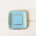 Disposable square paper plate with gold foil scalloped edge for party cake tableware - Blue Square Plate