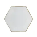 Piatto di carta usa e getta esagonale bianco con bordo dorato per feste di compleanno. - 8 pezzi di piatti esagonali bianchi stampati in oro da 7 pollici (18 cm)