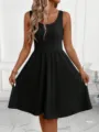 Summer women casual solid color sleeveless pleated tank dress elegant A-line midi dress. - S / Black