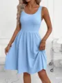 Light blue textured sleeveless midi dress, scoop neck casual summer dress detail view. - S / Sky Blue