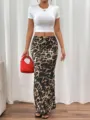 Women leopard print maxi skirt high waist casual long skirts elegant summer fashion streetwear - S / Bottoms / Khaki