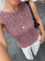 Sommer rosa kariertes gesmoktes Tanktop, figurbetontes ärmelloses Oberteil für Damen. - S / Oberteile / Burgunderrot