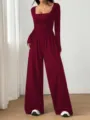 Women long sleeve square neck wide leg jumpsuit solid casual elegant wine red outfit - S / Set / Burgundy