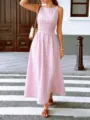 Summer pink gingham sleeveless maxi dress with smocked waist, elegant and slim fit style. - S / Dresses / Pink