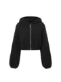 Black sherpa fleece zip-up cropped hoodie for women casual winter warm fashion outerwear - S / Tops / Black