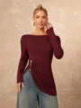 Elegant burgundy long sleeve top featuring an irregular metal buckle split design for women. - S / Tops / Burgundy