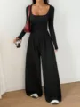 Women Fall Fashion Solid Color Square Neck Ruched Waist Wide Leg Jumpsuit Detail View - S / Set / Black