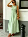 Green and white gingham maxi dress featuring a crew neck and smocked waist for summer style. - S / Dresses / Light Green