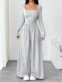 Grey square neck long sleeve wide leg jumpsuit detail showcase, presenting trendy casual style. - S / Set / Light Gray