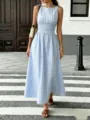Blue and white gingham midi dress detail shot, featuring smocked waist and elegant sleeveless design. - Sky Blue