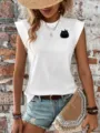 White padded shoulder tank top with cute black cat graphic for casual stylish daily wear. - Exquisite Black Cat Style (Print 5)