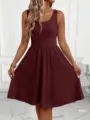 Summer solid color sleeveless textured skater dress for women casual elegant apparel - S / Burgundy