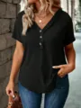 Casual women black v-neck short sleeve top with three buttons basic daily wear for summer - S / Tops / Black