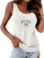 Women summer casual ribbed tank top with New York city letter print, slim fit basic tee. - S / New York Print / White