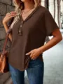 Casual V-neck short sleeve solid color button-up relaxed top for women daily wear details - S / Tops / Dark Brown