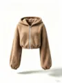 Close-up of cozy brown sherpa fleece zip-up hoodie detail, soft texture and comfortable fit. - Khaki