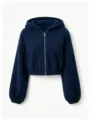Cozy navy blue fleece zip-up hoodie for women, featuring a cropped loose fit and cuffed sleeves. - S / Tops / Navy Blue