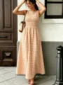 Stylish summer women's gingham slip dress with round neck and smocked waist for elegant look. - S / Dresses / Orange