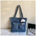 Denim tote bag for women large capacity casual shoulder bag stylish student book bag with cloud - With Pendant / Sand Washed Dark Blue