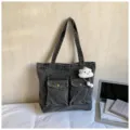 Women denim tote bag casual large capacity shoulder bag with cute cloud pendant daily use - Sand Wash Black